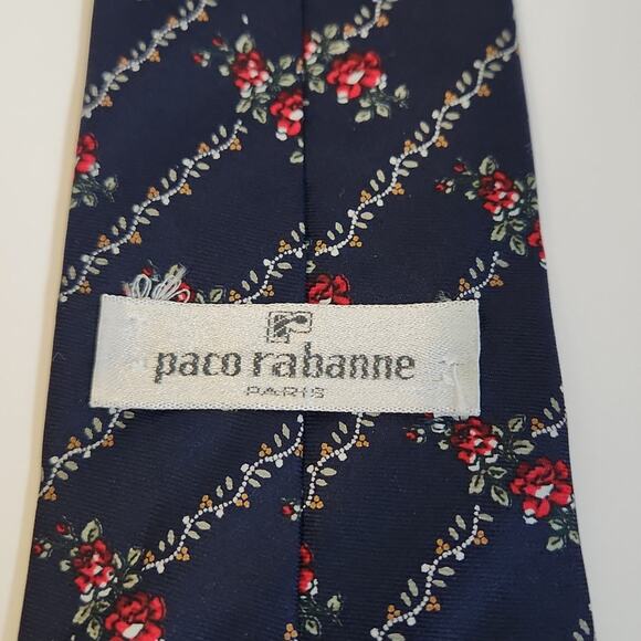 Vintage Paco Rabanne Paris Men's 100% Silk Blue With Red Floral Design Business - Picture 3 of 6